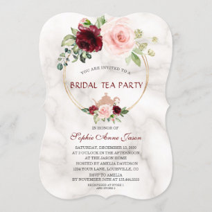 Burgundy Pink Flowers Marble Bridal Tea Party Kaart