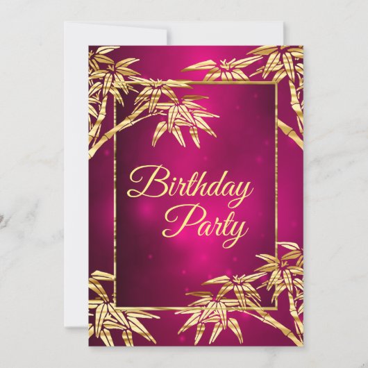 Burgundy Pink Golden Bamboo Birthday Party Kaart (Voorkant)