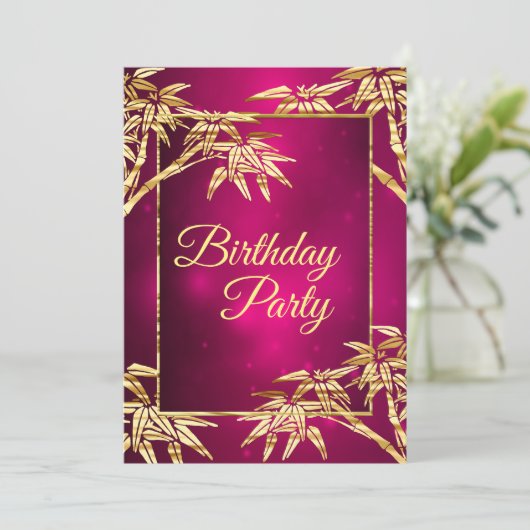 Burgundy Pink Golden Bamboo Birthday Party Kaart (Staand voorkant)