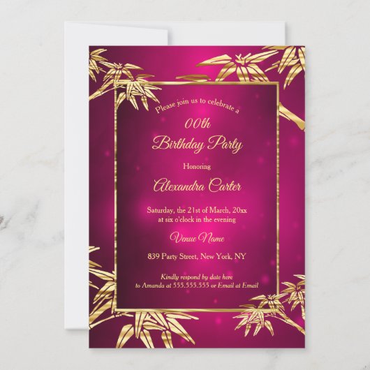 Burgundy Pink Golden Bamboo Birthday Party Kaart (Achterkant)