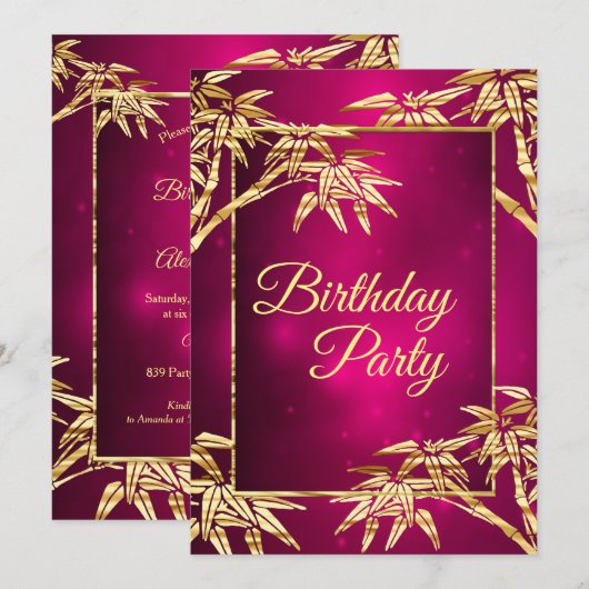 Burgundy Pink Golden Bamboo Birthday Party Kaart (Voorkant / Achterkant)