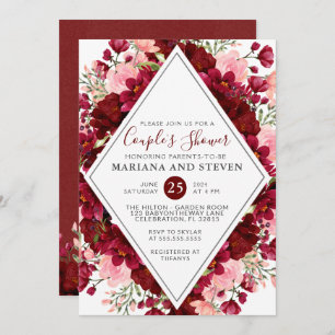 Burgundy Pink Modern Floral Couples Baby shower Kaart