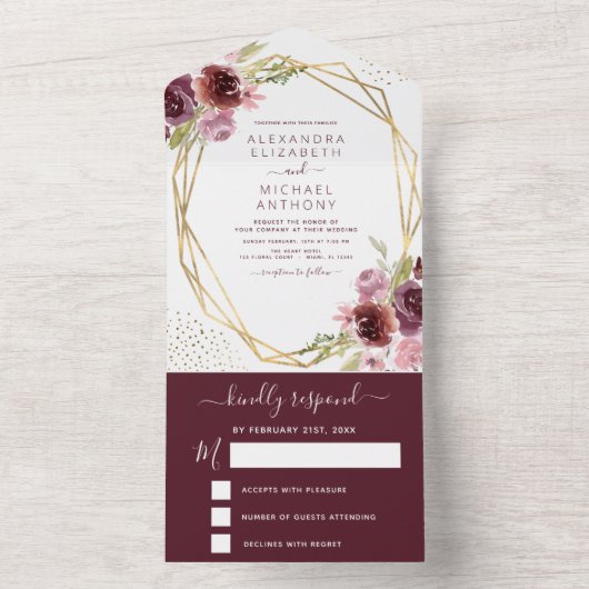 Burgundy Pink Modern Geometric Floral Weddenschap All In One Uitnodiging (Binnen)