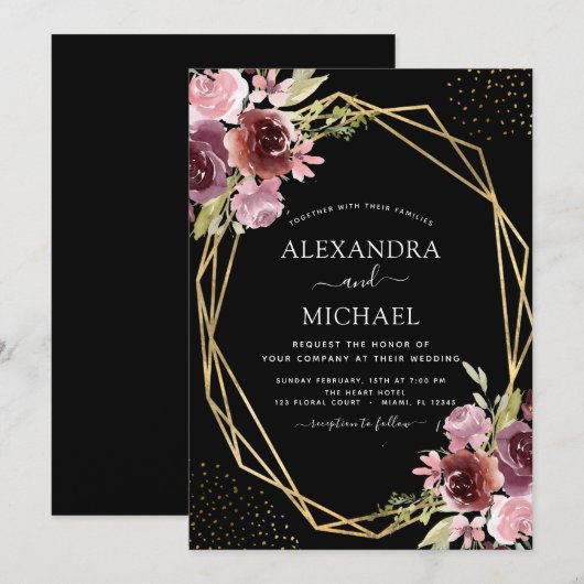 Burgundy Pink Modern Geometric Floral Wedding Kaart (Voorkant / Achterkant)