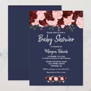 Burgundy Pink Navy Blue Floral Baby shower Invite Kaart