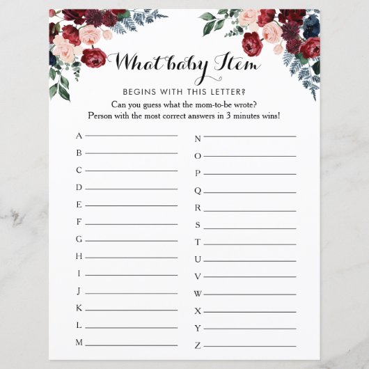 Burgundy Pink Navy Floral ABC Baby shower Game (Voorkant)