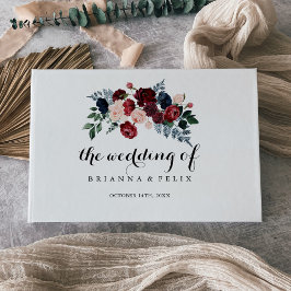 Burgundy Pink Navy Floral Calligraphy Wedding Gastenboek
