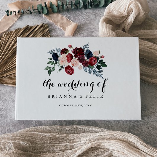 Burgundy Pink Navy Floral Calligraphy Wedding Gastenboek