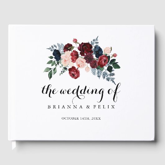 Burgundy Pink Navy Floral Calligraphy Wedding Gastenboek (Voorkant)
