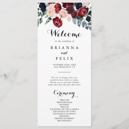 Burgundy Pink Navy Floral Calligraphy Wedding Programmakaart (Voorkant)