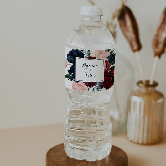 Burgundy Pink Navy Floral Calligraphy Wedding Waterfles Etiket