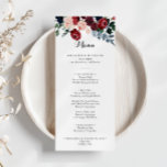Burgundy Pink Navy Floral Dinner Menu<br><div class="desc">Deze bordeaux roze navy floral diner menukaart is perfect voor een rustieke bruiloft. Het ontwerp is voorzien van waterverf roze,  blush,  navy,  blauw en bordeaux pioenen,  rozen met groen gebladerte netjes samengevoegd tot elegante boeketten. Dit menu kan worden gebruikt voor een huwelijksreceptie,  repetitiediner,  vrijgezellenfeest of een evenement.</div>