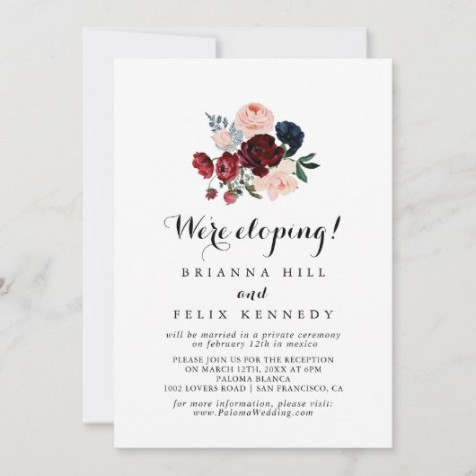 Burgundy Pink Navy Floral Elopement Reception Kaart (Voorkant)