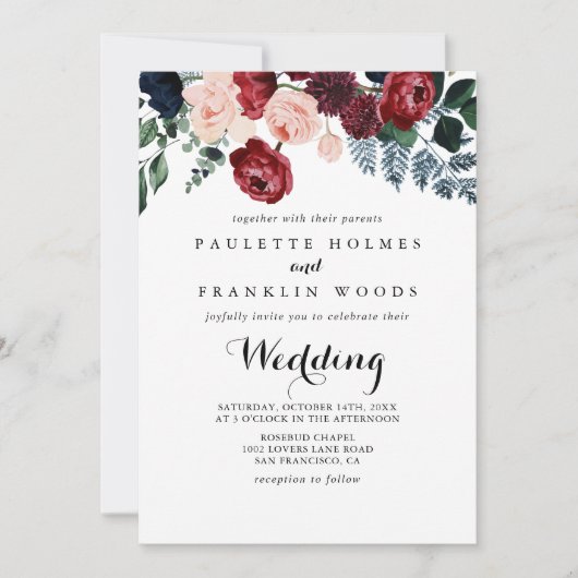 Burgundy Pink Navy Floral Front & Back Wedding Kaart (Voorkant)