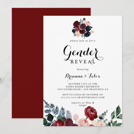 Burgundy Pink Navy Floral Gender Revey Kaart (Voorkant / Achterkant)