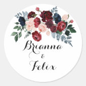 Burgundy Pink Navy Floral Wedding Envelope Seals Ronde Sticker (Voorkant)