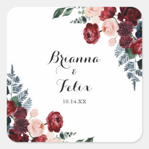 Burgundy Pink Navy Floral Wedding Envelope Seals Vierkante Sticker