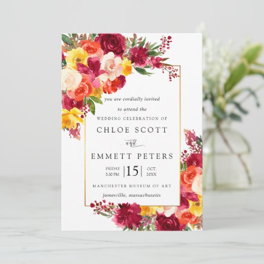 Burgundy Pink Oranje Yellow Floral Wedding Kaart (Staand voorkant)