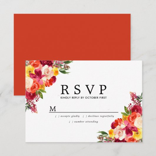 Burgundy Pink Oranje Yellow Floral Wedding RSVP Kaartje (Voorkant / Achterkant)