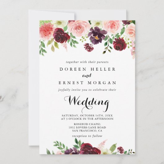 Burgundy Pink Paars Spring Front & Back Wedding Kaart (Voorkant)