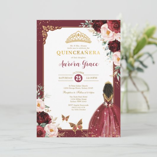 Burgundy Pink Quinceañera Princess Mis Quince Anos Kaart (Staand voorkant)