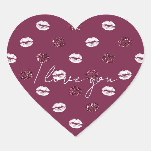 Burgundy Pink Red Glitter White Kisses Lips Hart Sticker (Voorkant)