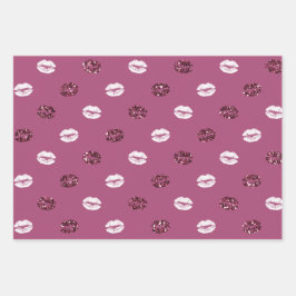 Burgundy Pink Red Glitter White Kisses Lips Inpakpapier Vel