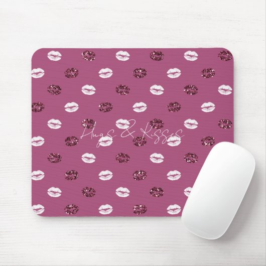 Burgundy Pink Red Glitter White Kisses Lips Muismat (Met muis)