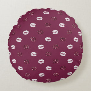 Burgundy Pink Red Glitter White Kisses Lips Rond Kussen