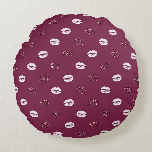 Burgundy Pink Red Glitter White Kisses Lips Rond Kussen (Voorkant)