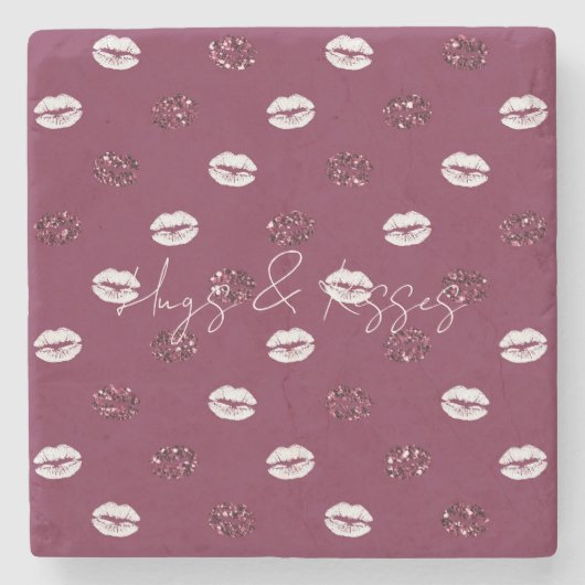 Burgundy Pink Red Glitter White Kisses Lips Stenen Onderzetter (Voorkant)