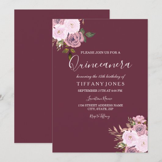 Burgundy Pink & Roos Gold Quinceanera Uitnodiging (Voorkant / Achterkant)