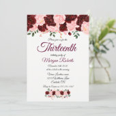 Burgundy Pink Rose 13th Birthday Party Invite Kaart (Staand voorkant)