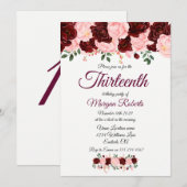 Burgundy Pink Rose 13th Birthday Party Invite Kaart (Voorkant / Achterkant)