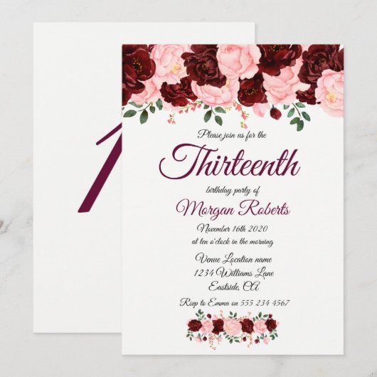 Burgundy Pink Rose 13th Birthday Party Invite Kaart (Voorkant / Achterkant)