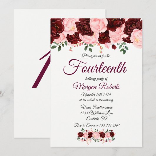 Burgundy Pink Rose 14th Birthday Party Invite Kaart (Voorkant / Achterkant)