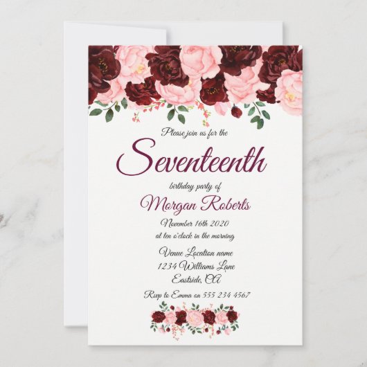Burgundy Pink Rose 17th Birthday Party Invite Kaart (Voorkant)
