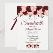 Burgundy Pink Rose 17th Birthday Party Invite Kaart (Voorkant / Achterkant)
