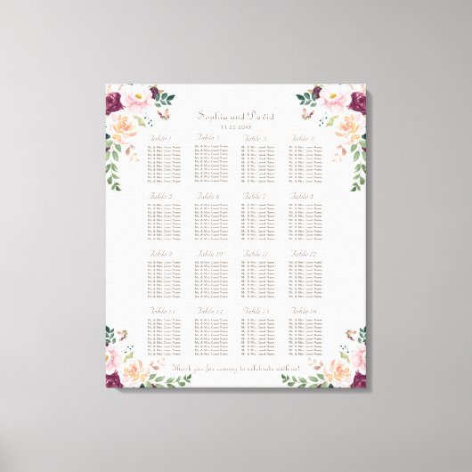 Burgundy Pink Saffron Floral Wedding Seating Chart Canvas Afdruk (Voorkant)