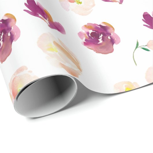 Burgundy Pink Waterverf Floral Cadeaupapier (Rol Hoek)
