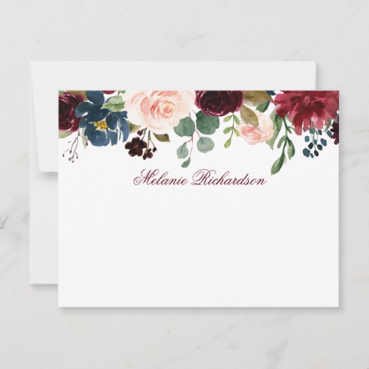 Burgundy Pink Waterverf Floral gepersonaliseerd Notitiekaartje (Voorkant)
