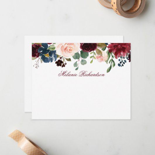 Burgundy Pink Waterverf Floral gepersonaliseerd Notitiekaartje (Voorkant / Achterkant in situ)