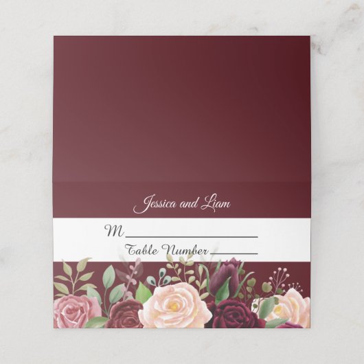 Burgundy Pink Waterverf Floral Place Card Plaatskaartje (Buitenkant ongevouwen)