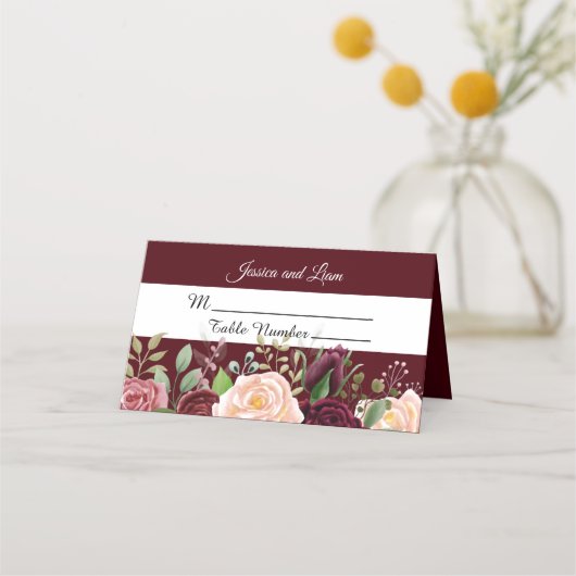 Burgundy Pink Waterverf Floral Place Card Plaatskaartje (Voorkant)