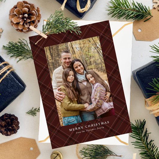 Burgundy plaid classic traditional Christmas photo Feestdagenkaart