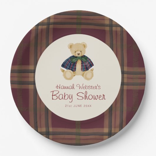 Burgundy Plaid Teddy Bear Celebration Plates Papieren Bordje (Voorkant)