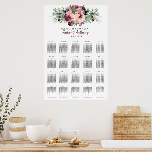 Burgundy Plum Berry Waterverf Flowers Kerstmis Poster (Keuken)