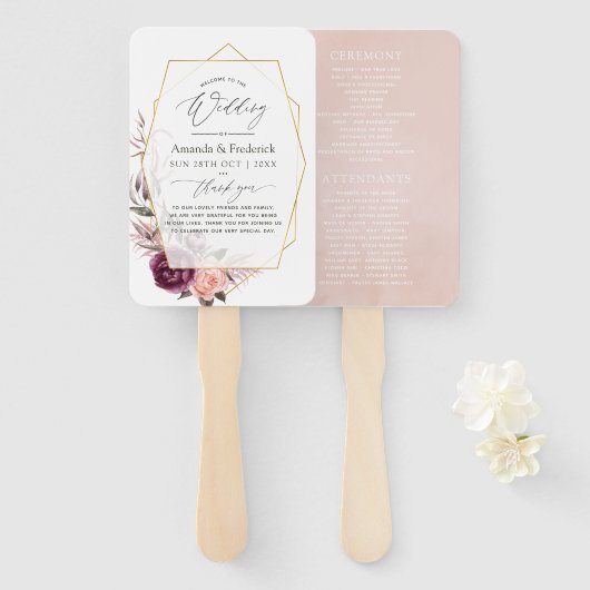 Burgundy Plum en Blush Floral Geometric Wedding Handwaaier (Voorkant en achterkant)