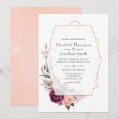 Burgundy Plum en Blush Floral Geometric Wedding Kaart (Voorkant / Achterkant)