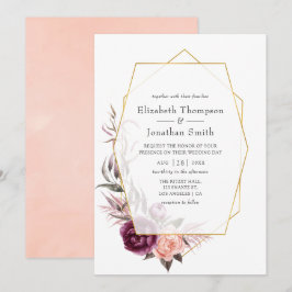 Burgundy Plum en Blush Floral Geometric Wedding Kaart